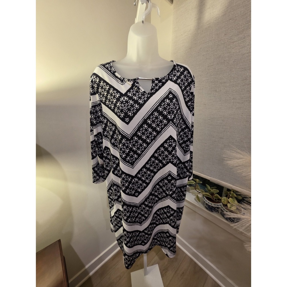 Womens Black White 3/4 Sleeve Chevron Print Stretch Dress 18W Boho Career Casual - Picture 14 of 16